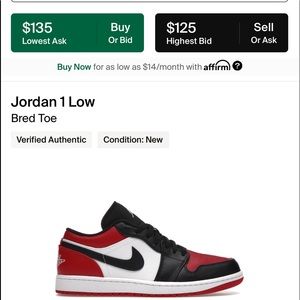 Jordan 1 low bred toe size 12